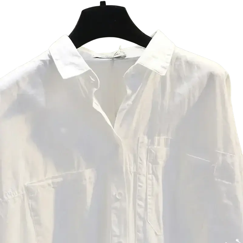 White button down office blouse for women with crisp fabric classic collar and two front pockets on black hanger inches cm