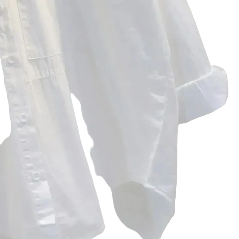 White button down office blouse for women made of delicate white cotton with subtle pleats and button closures in inch cm inch