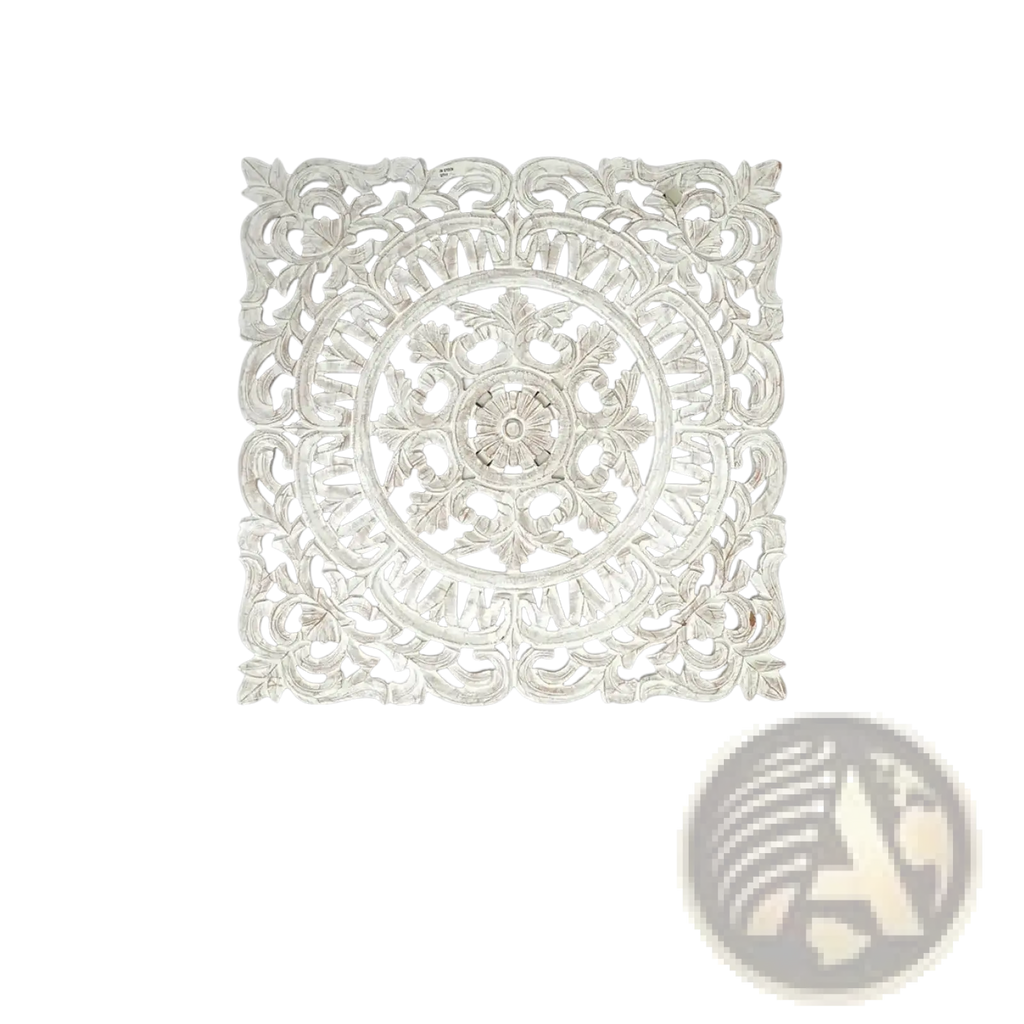 White carved wooden wall art with intricate floral and circular patterns in a 36x36 square decor piece