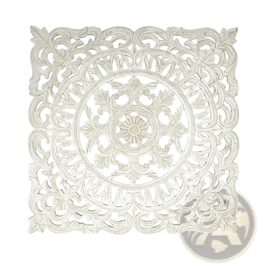 White carved wooden wall art square floral decor 36x36 features intricate floral and circular patterns in white wood