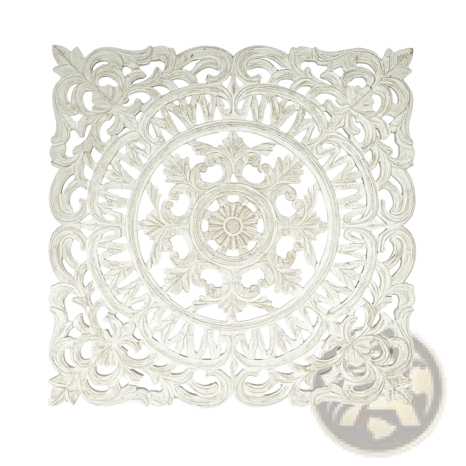 White carved wooden wall art square floral decor 36x36 features intricate floral and circular patterns in white wood