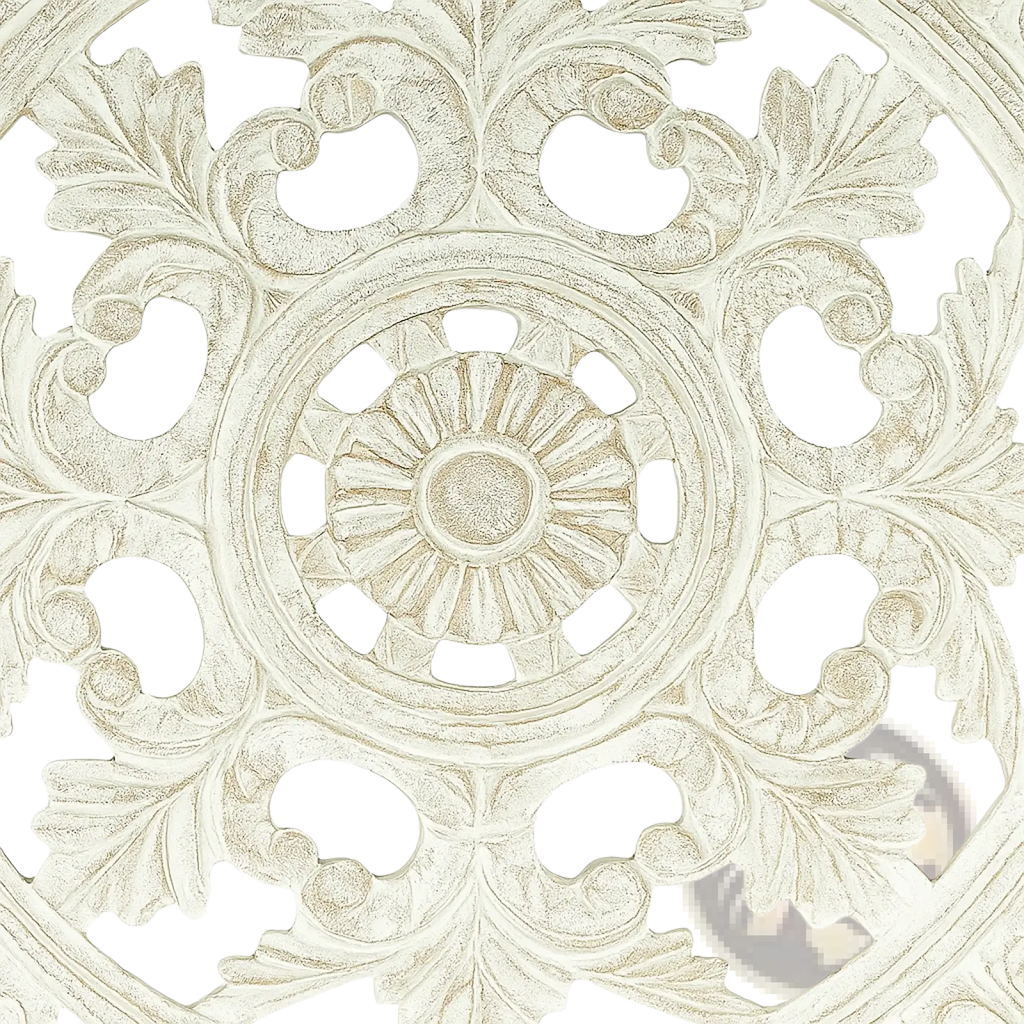 White carved wooden wall art featuring an ornate circular design with intricate leaf and sunburst patterns 36x36