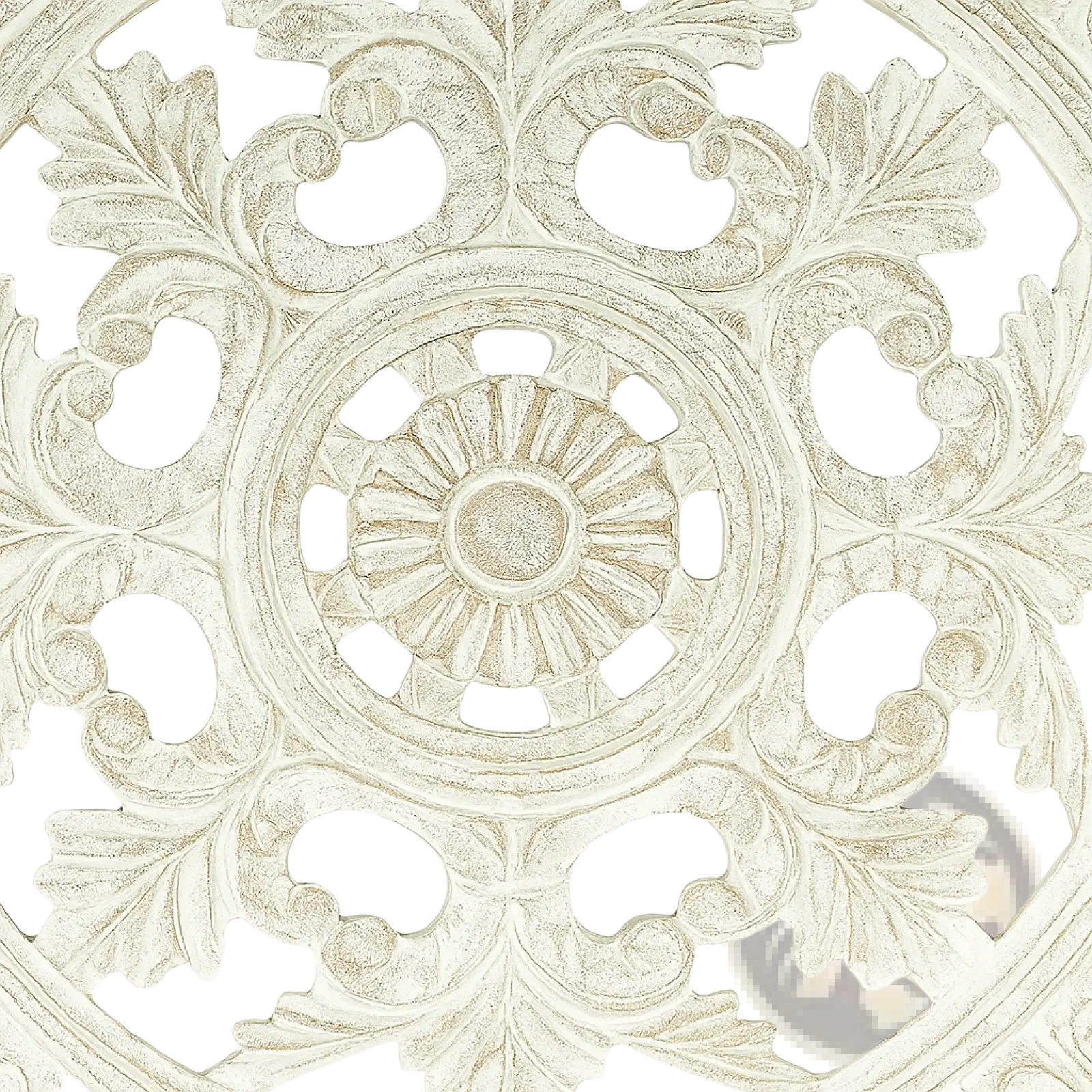 White carved wooden wall art featuring an ornate circular design with intricate leaf and sunburst patterns 36x36