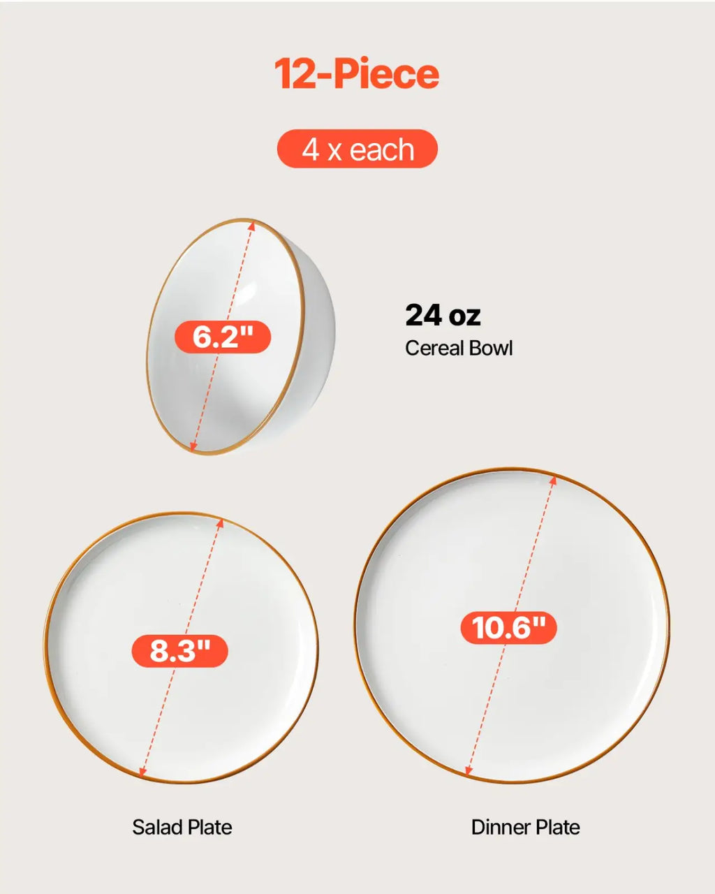 White ceramic dinner plates with gold rims 10.6 inches diameter and 24 oz cereal bowls in a 12 piece dinnerware set