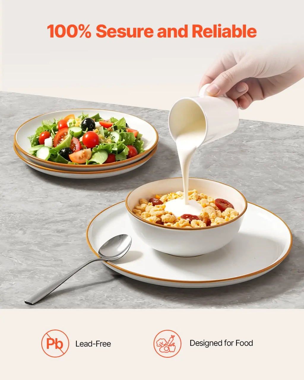 White ceramic bowl with gold rim from 12 piece dinnerware set filled with cereal and milk being poured into it