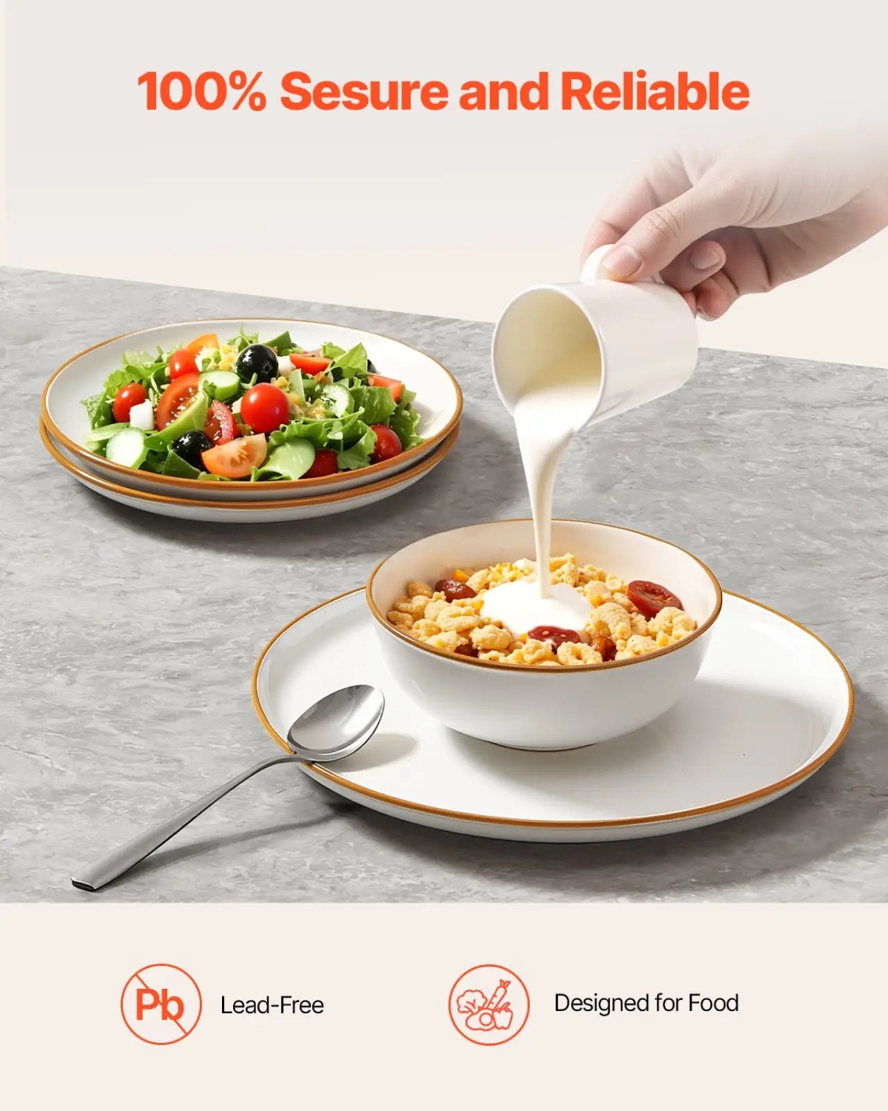 White ceramic bowl with gold rim from 12 piece dinnerware set filled with cereal and milk being poured into it