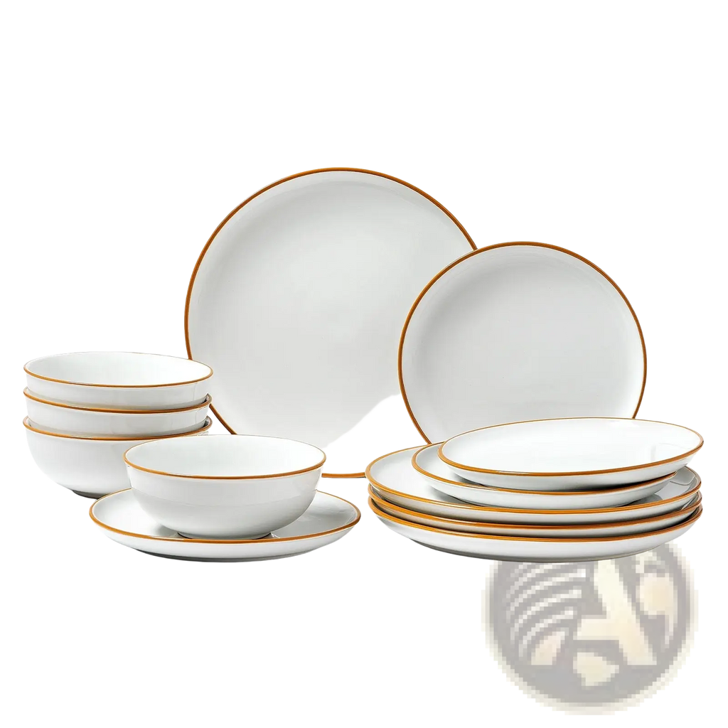 White ceramic dinnerware set with elegant gold rims featuring 12 pieces for formal dining use