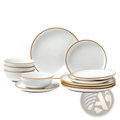 White ceramic dinnerware set with elegant gold rims featuring 12 pieces for formal dining use