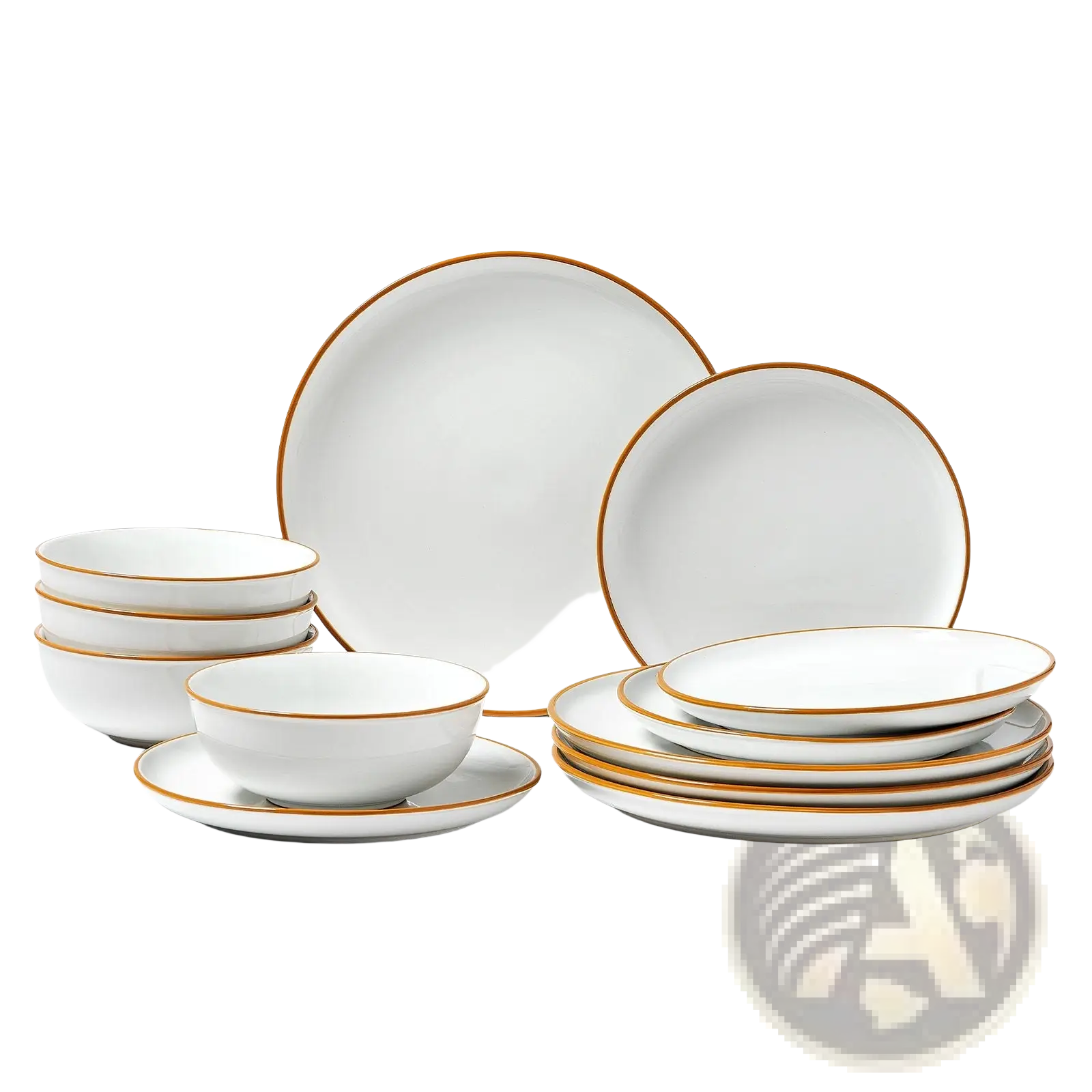 White ceramic dinnerware set with elegant gold rims featuring 12 pieces for formal dining use