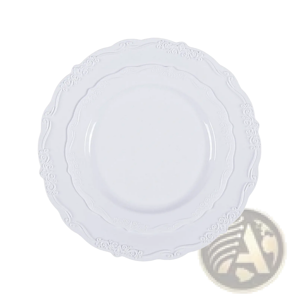 White ceramic plate with ornate scalloped edges and embossed floral detailing from lace design 100 piece set