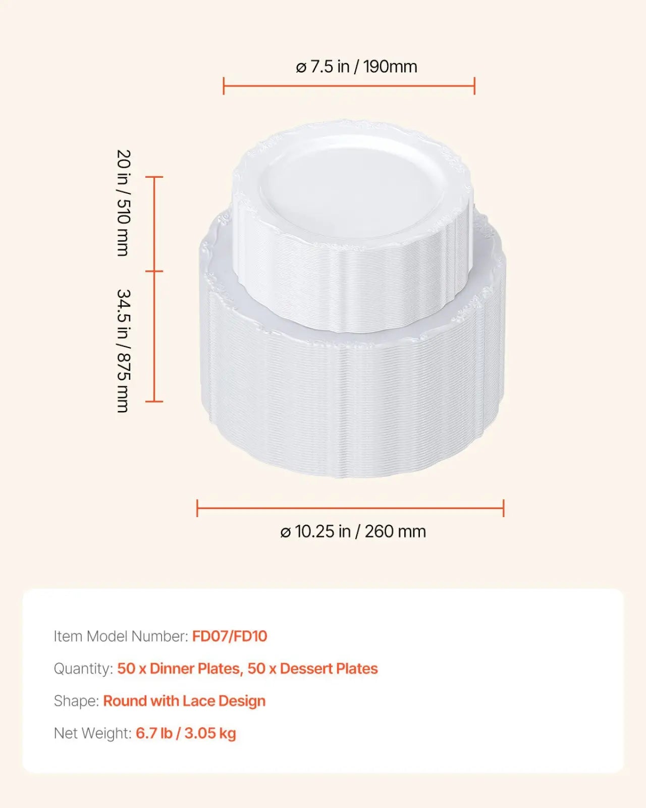 White ceramic plates lace design 100 piece set with 50 round dinner and 50 dessert plates featuring delicate lace pattern
