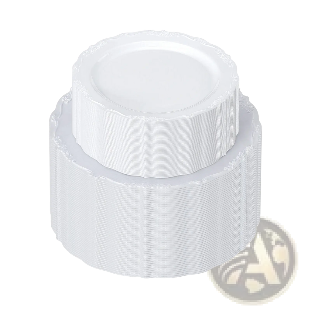 Stack of white plastic disposable plates with ridged edges and textured surface for everyday use