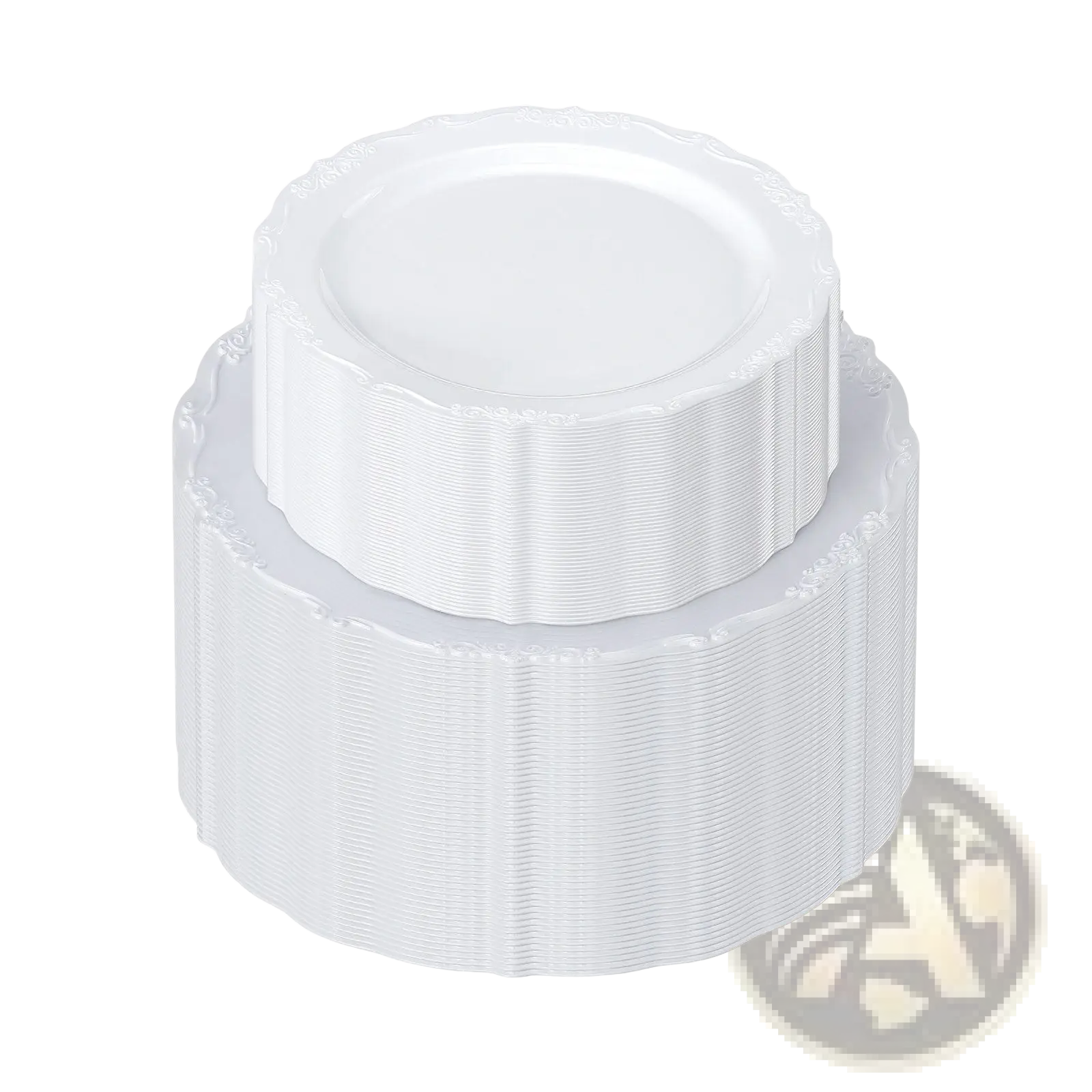 Stack of white plastic disposable plates with ridged edges and textured surface for everyday use