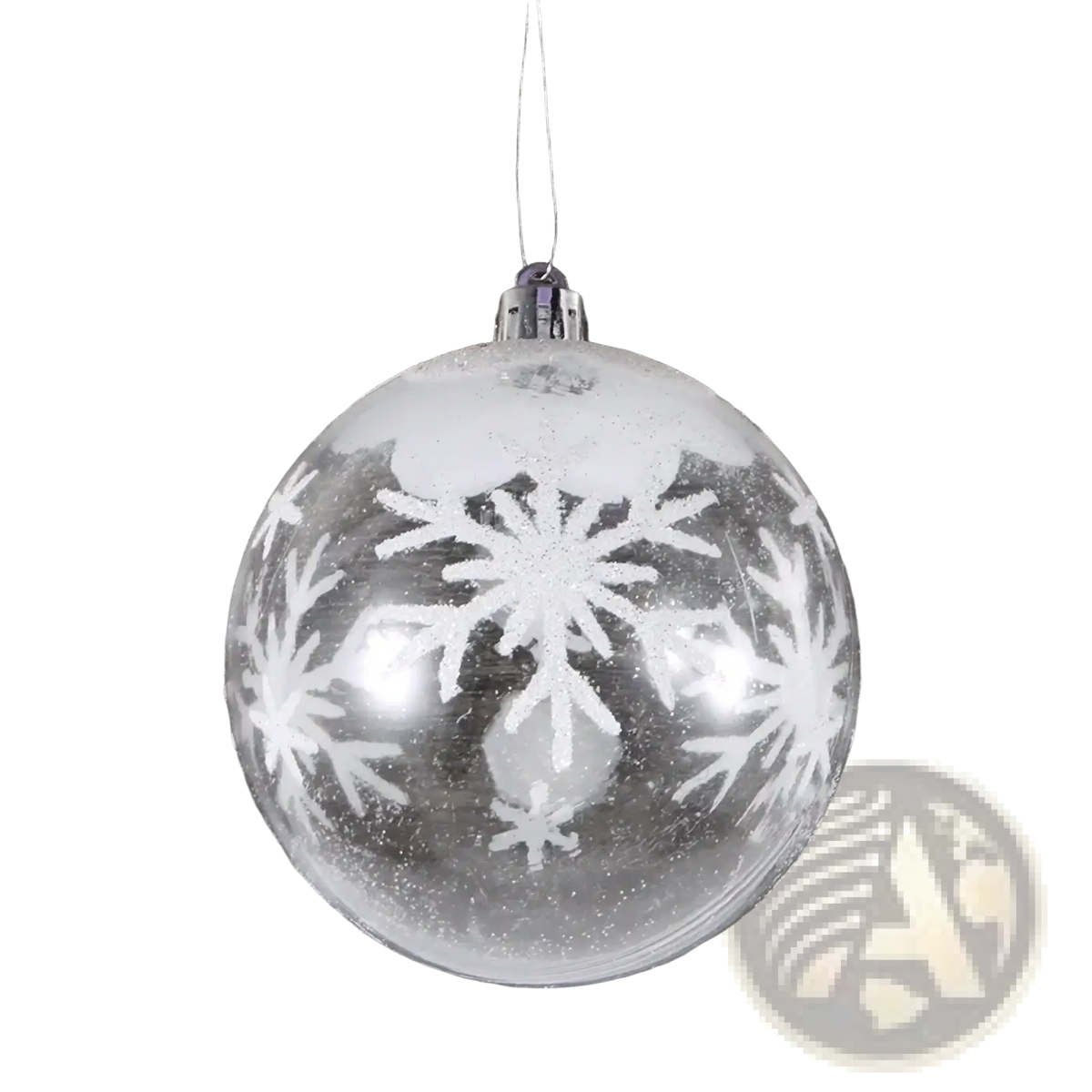 Clear glass white Christmas bauble with white snowflake decals and silver metallic cap shatterproof tree ornament