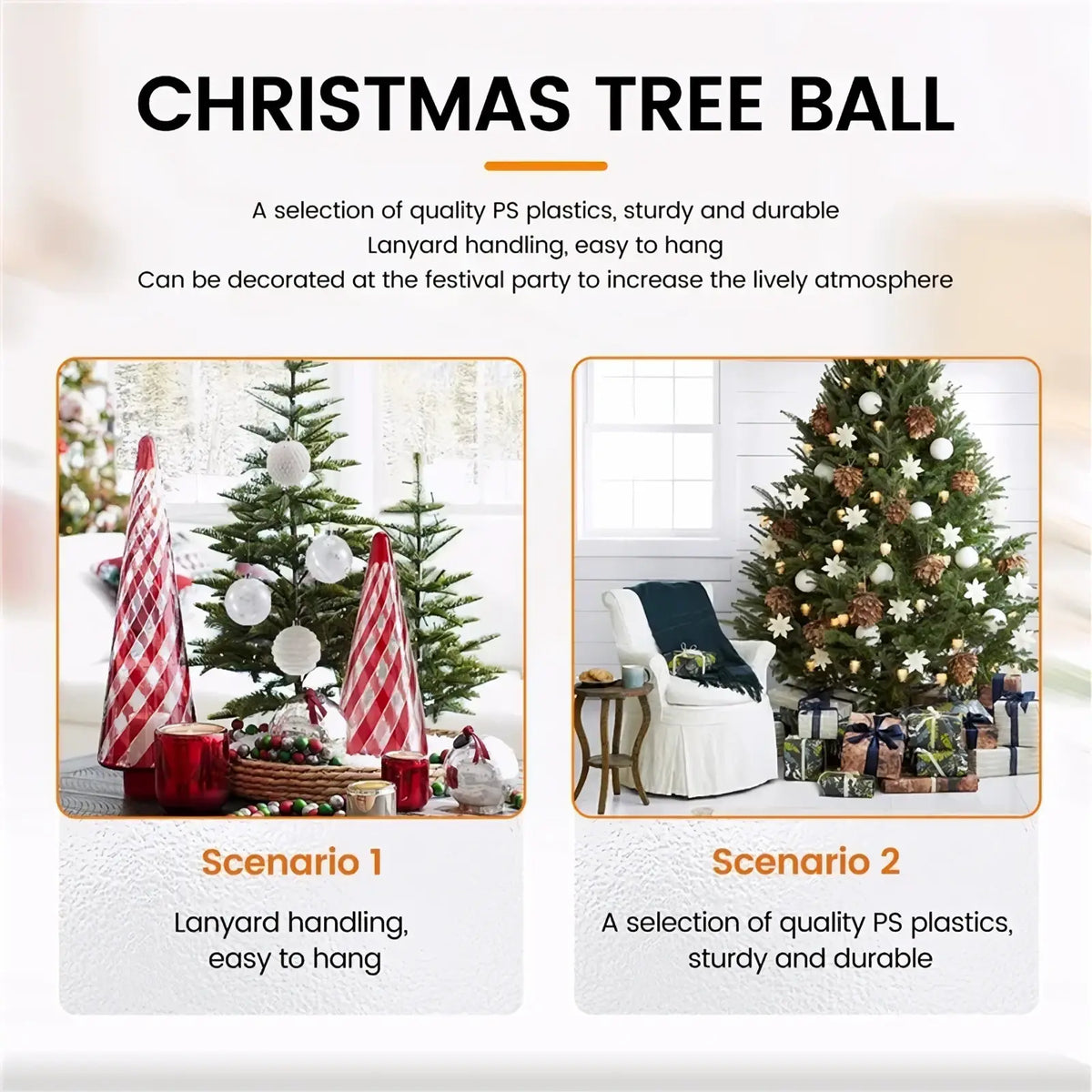 Red and white striped white christmas bauble made of shatterproof ps plastic with lanyard for easy hanging