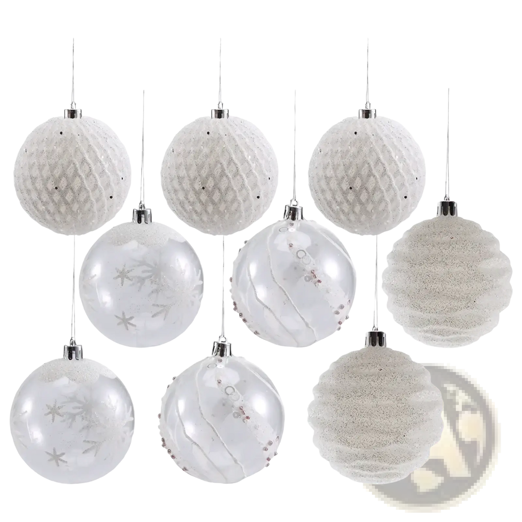 Set of eight white shatterproof Christmas baubles with textured surfaces and silver accents for tree decoration