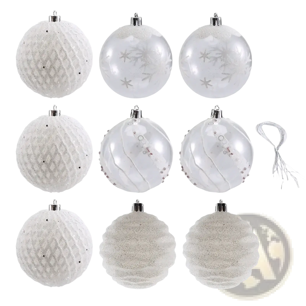 Set of nine white shatterproof Christmas baubles with varied textures and subtle silver accents for tree decoration