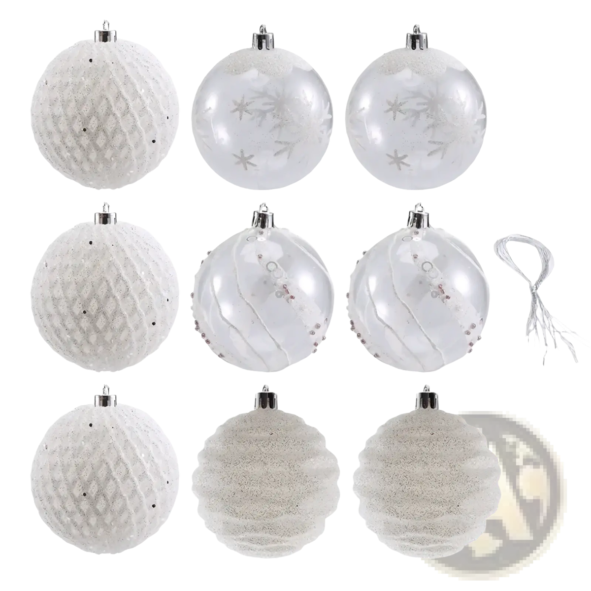 Set of nine white shatterproof Christmas baubles with varied textures and subtle silver accents for tree decoration