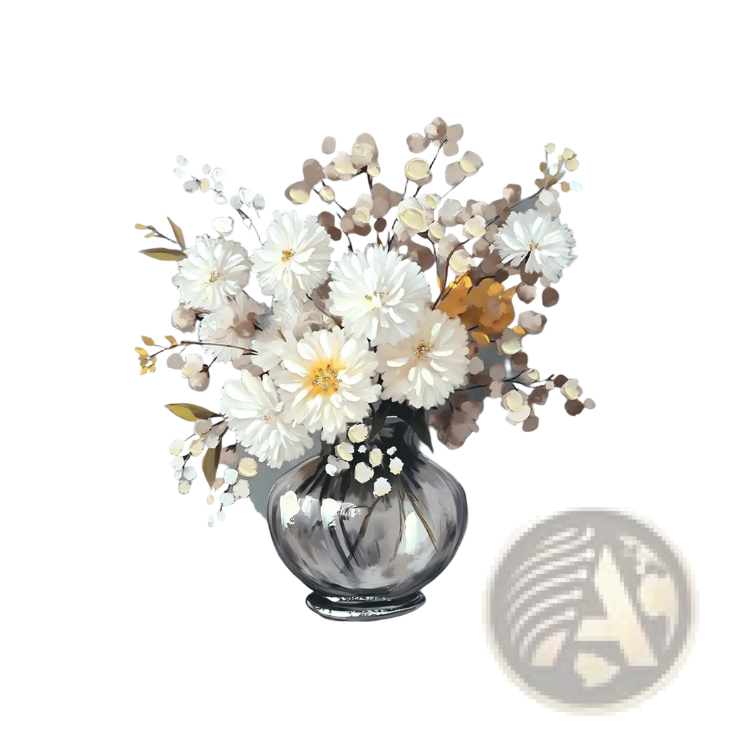 A modern abstract canvas wall art featuring a clear glass vase with white and cream chrysanthemums on gray background