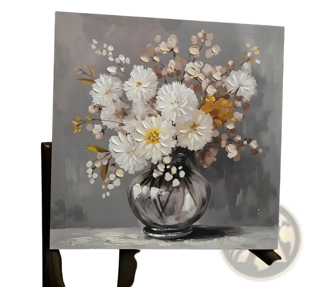 White chrysanthemum glass vase canvas wall art 24x24 featuring a clear glass vase with white and pale pink flowers on gray