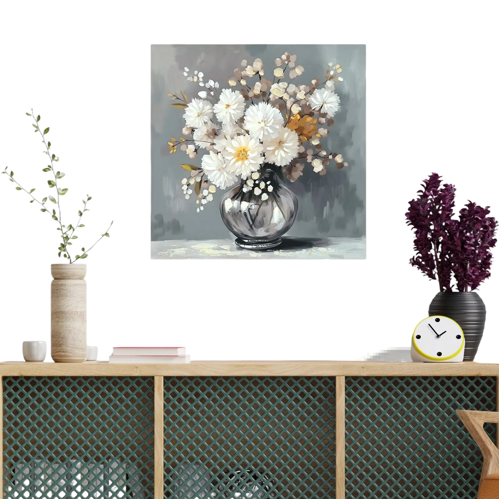 White chrysanthemum glass vase canvas wall art 24x24 featuring a silver reflective glass vase with white and pale yellow flowers