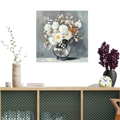 White chrysanthemum glass vase canvas wall art 24x24 featuring a silver reflective glass vase with white and pale yellow flowers