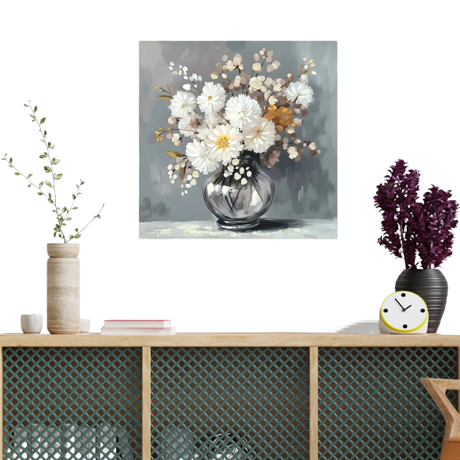 White chrysanthemum glass vase canvas wall art 24x24 featuring a silver reflective glass vase with white and pale yellow flowers