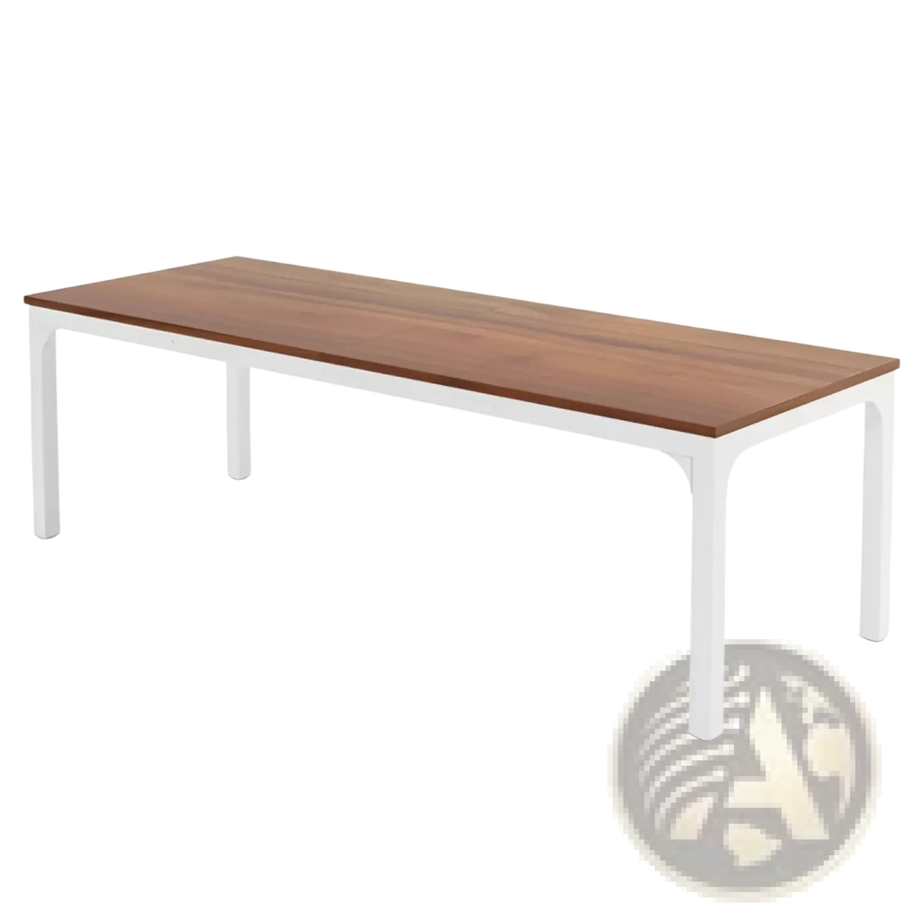 White computer desk with minimalist warm brown wood top and sleek white metal legs for modern workspace use