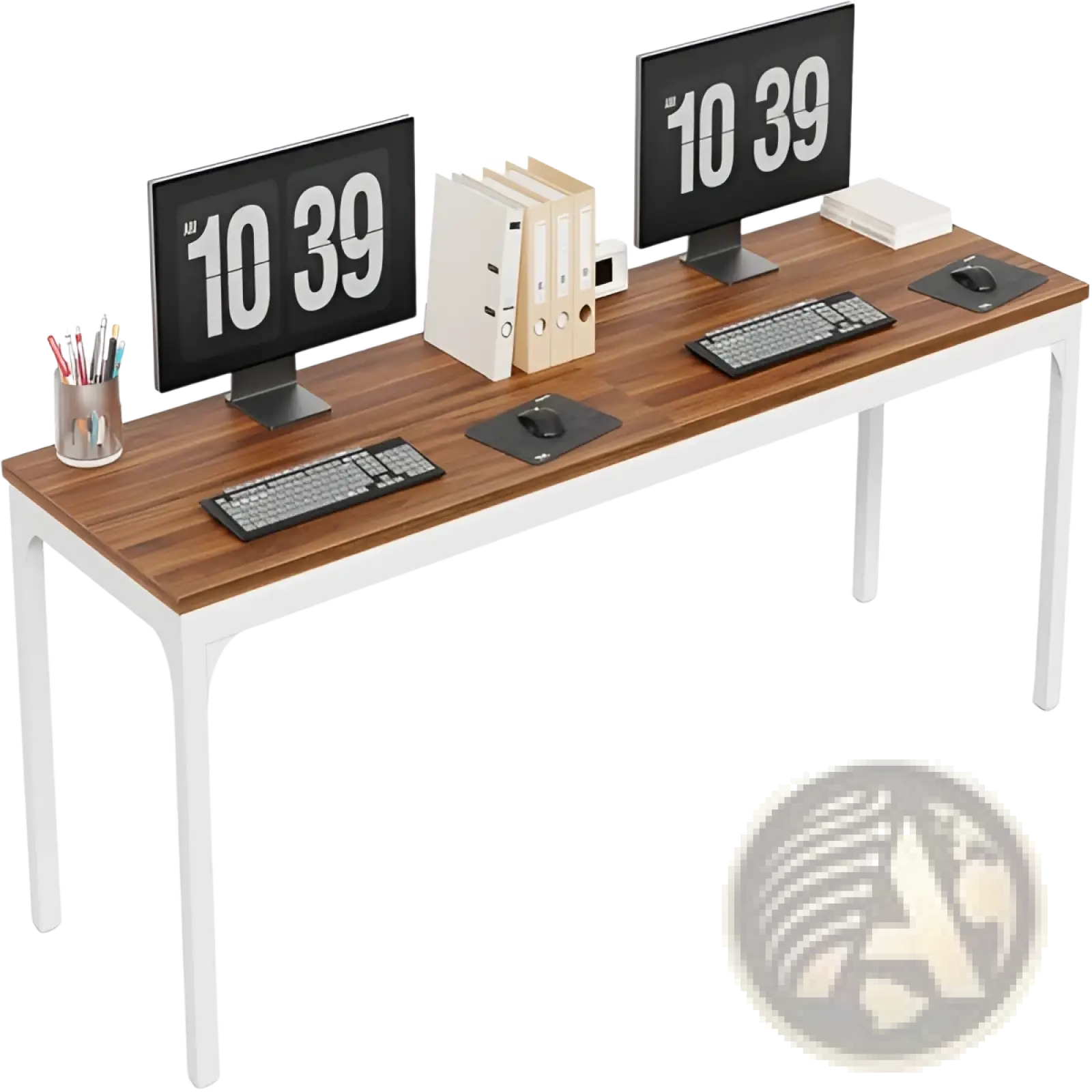 White computer desk with minimalist warm wood top and white metal frame featuring two monitors and office accessories