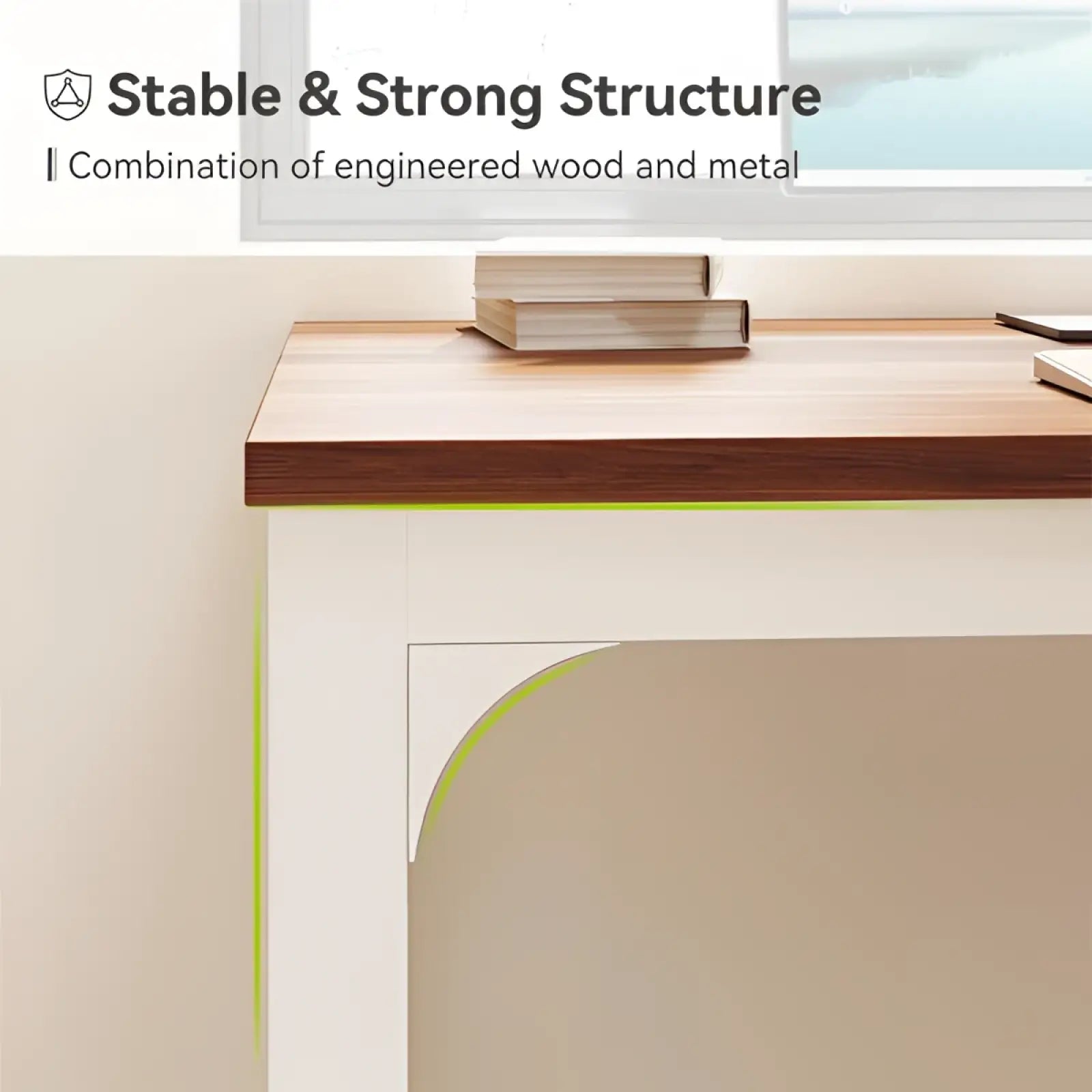 White computer desk with minimalist wooden top and white metal corner support for modern workspace use