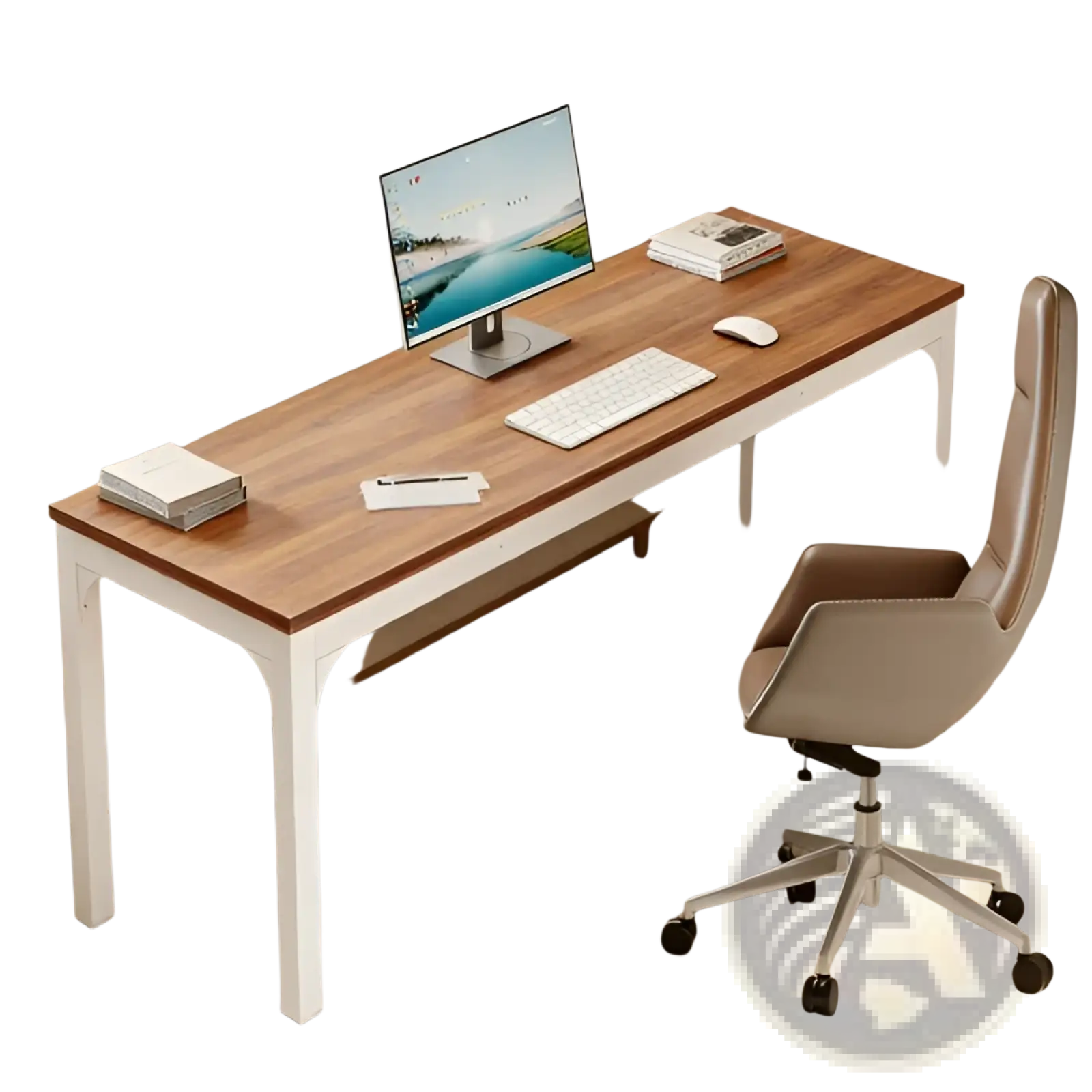 White computer desk with minimalist wood top featuring a white frame and natural wood surface for workspace use