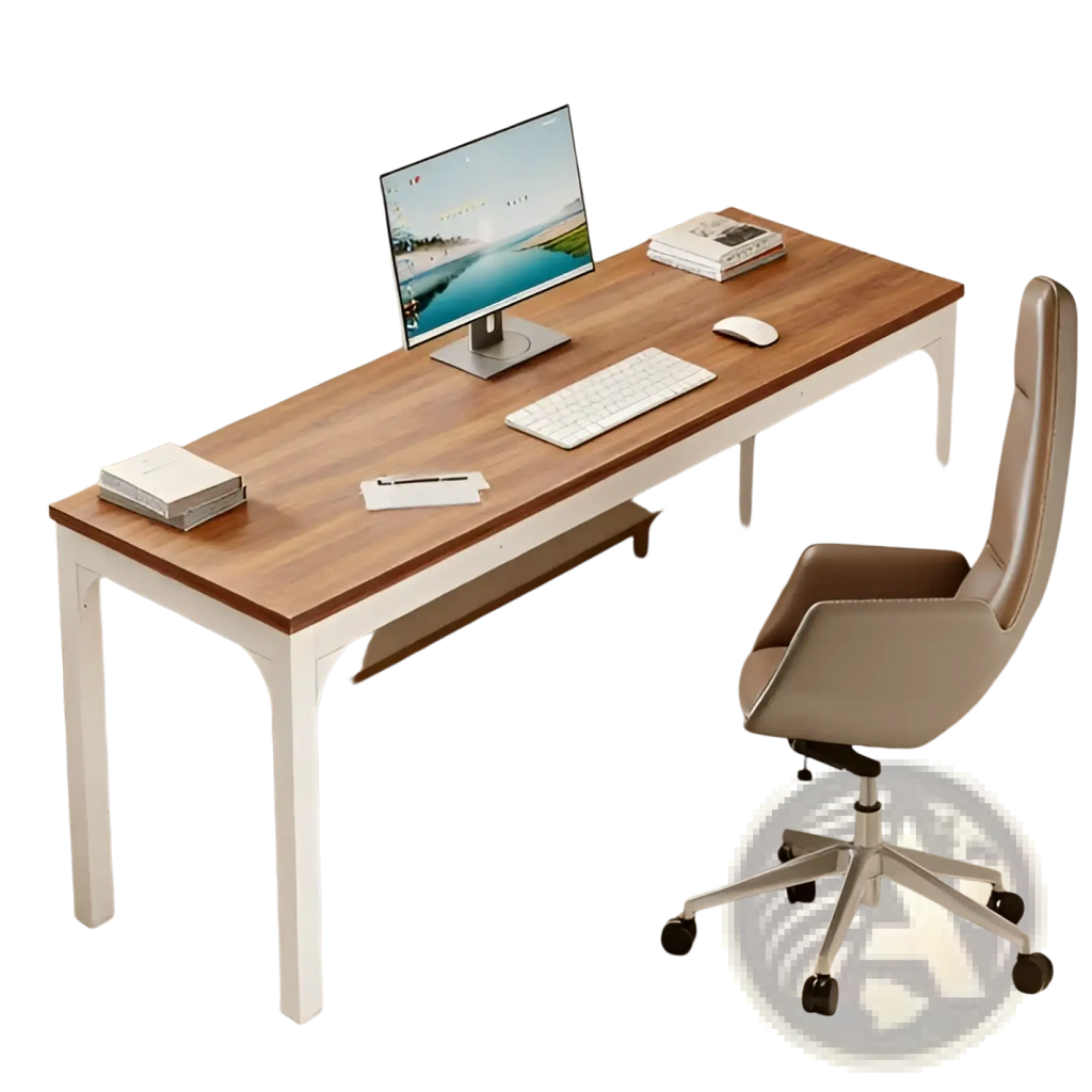 White computer desk with minimalist wood top featuring sleek design and wooden desktop surface