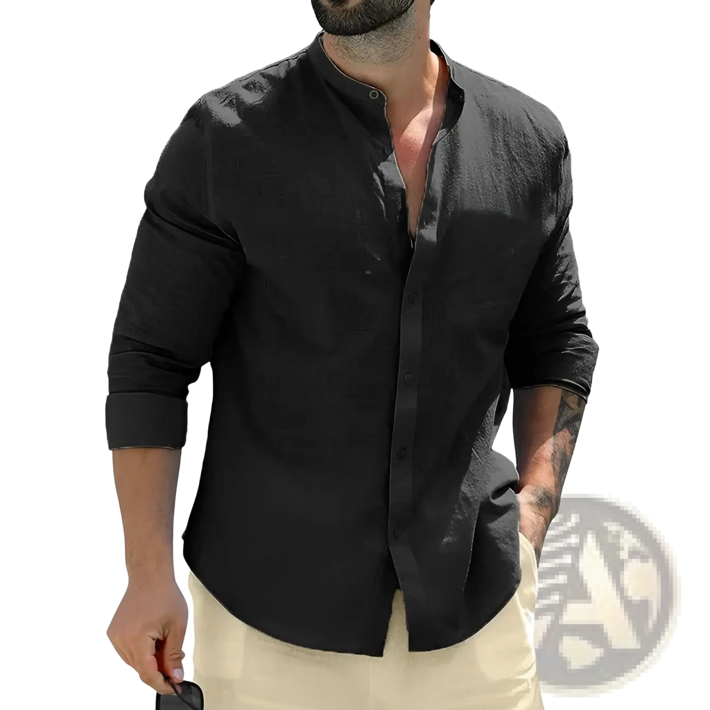 Black linen button-down shirt with rolled sleeves and mandarin collar contrasting white cotton mandarin collar shirt