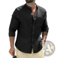 Black linen button-down shirt with rolled sleeves and mandarin collar contrasting white cotton mandarin collar shirt