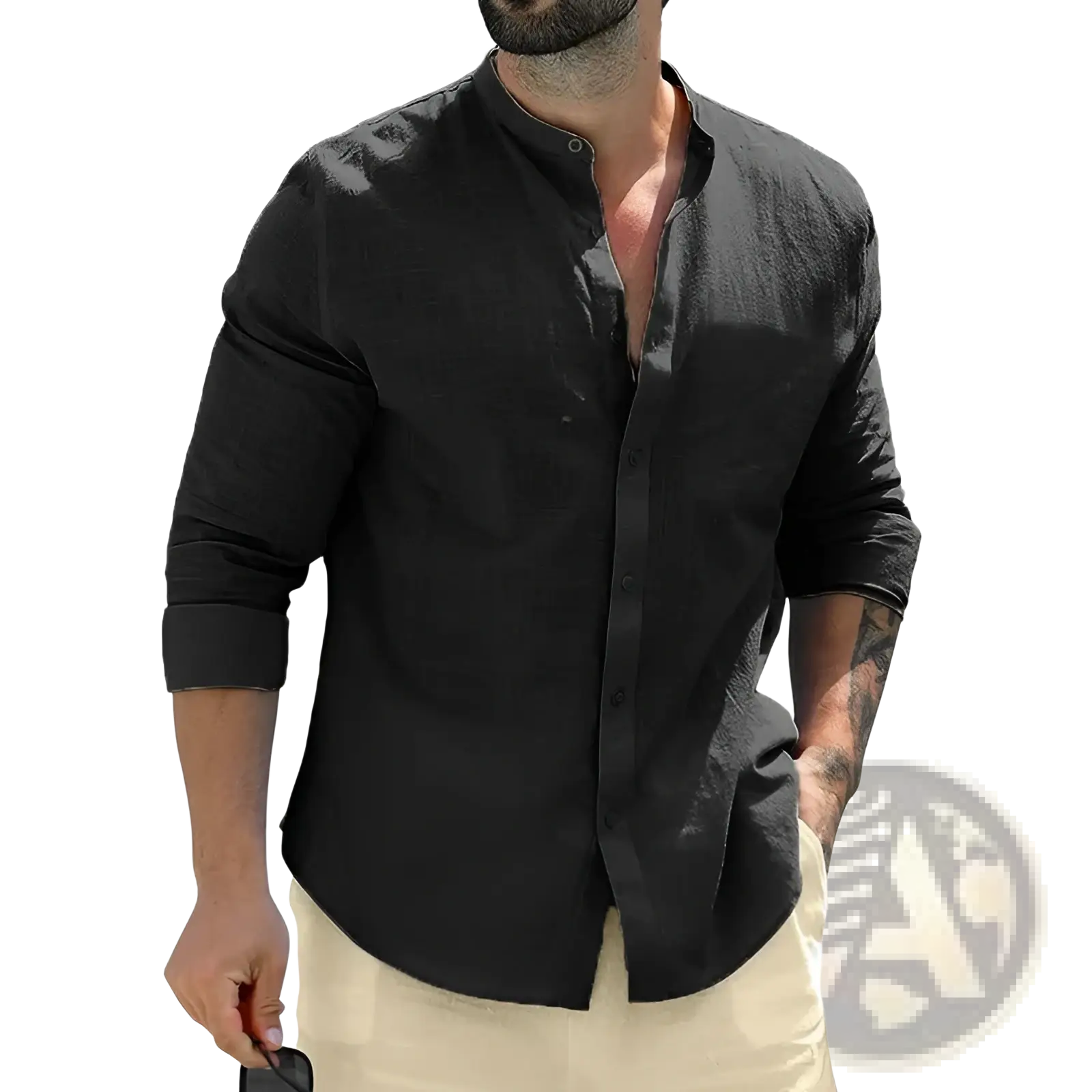Black linen button-down shirt with rolled sleeves and mandarin collar contrasting white cotton mandarin collar shirt