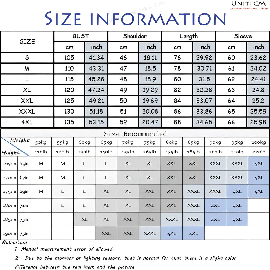 Size information chart for white cotton mandarin collar long sleeve shirt showing measurements in cm and inches from s to 4xl
