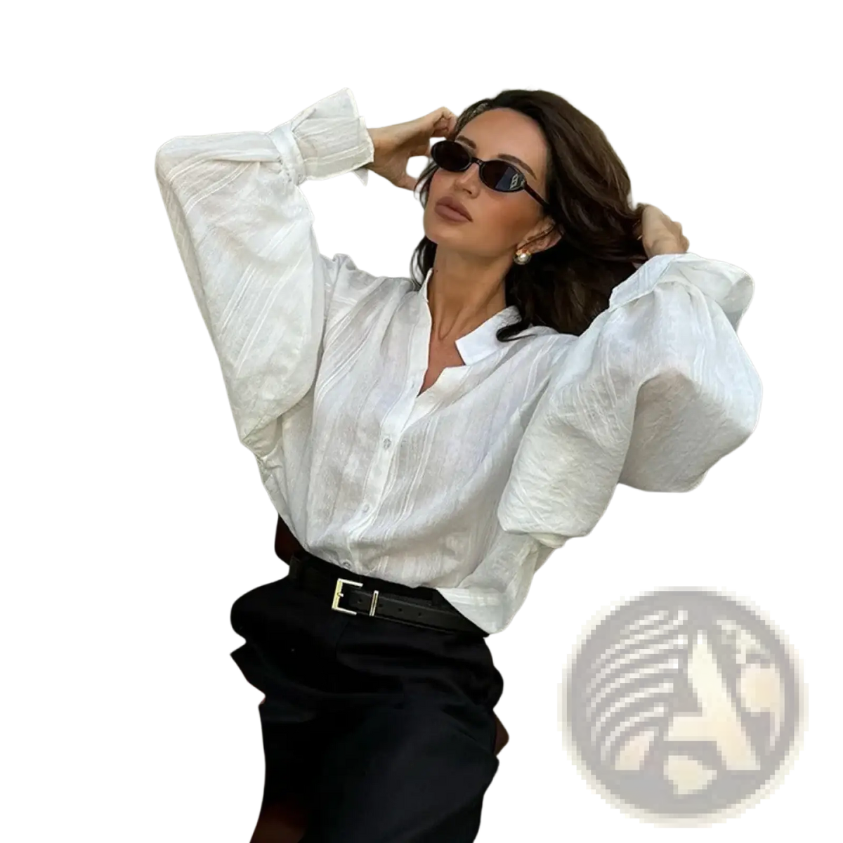 White cotton oversize blouse with voluminous puff sleeves and subtle textured fabric front view