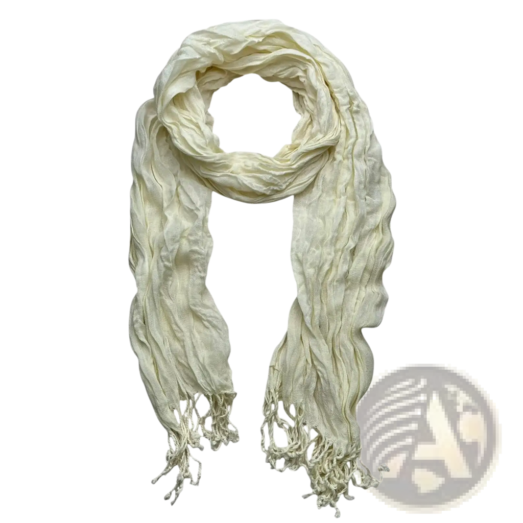 A soft off-white crinkled scarf with delicate fringed ends textured for summer use