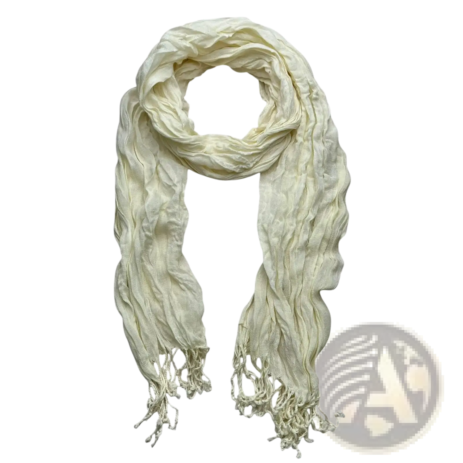 A soft off-white crinkled scarf with delicate fringed ends textured for summer use