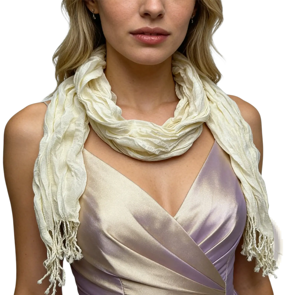 White crinkle scarf textured off-white soft fabric with delicate fringed edges worn as a summer cowl neck accessory