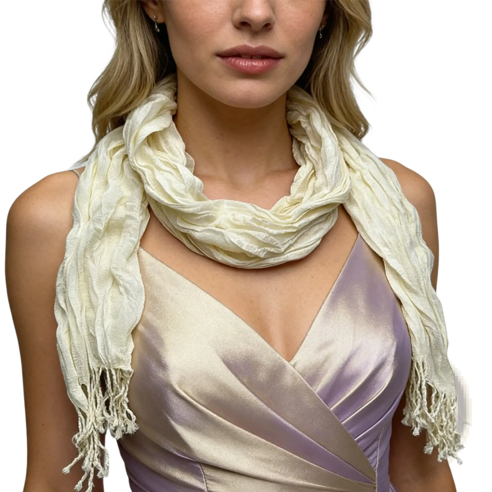 White crinkle scarf textured off-white soft fabric with delicate fringed edges worn as a summer cowl neck accessory