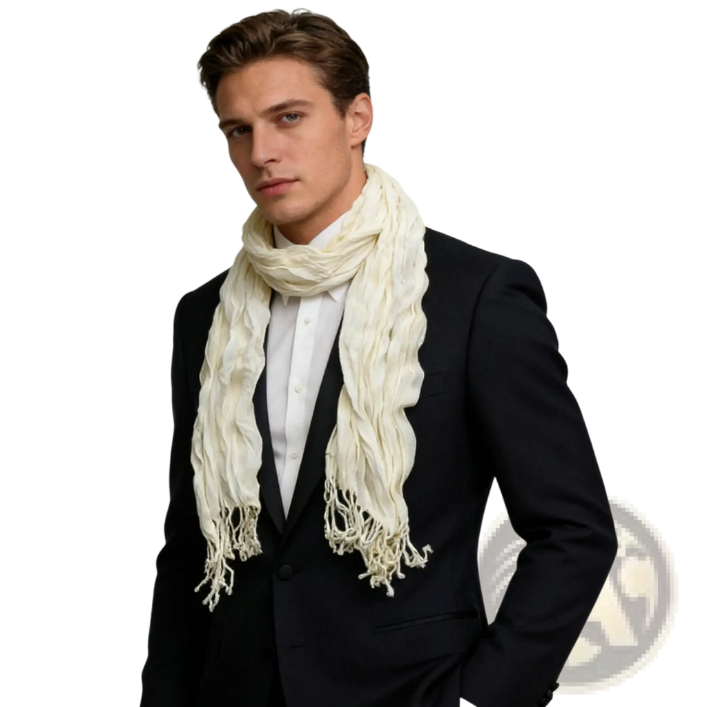 Cream-colored textured knit scarf with fringed ends ideal as a white crinkle scarf textured summer accessory