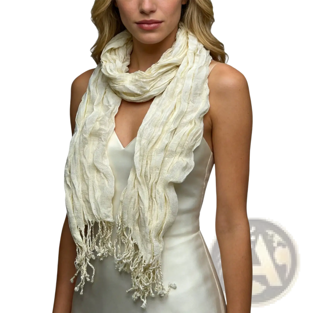 Cream-colored lightweight crinkle scarf with textured fabric and fringed edges ideal as a summer accessory