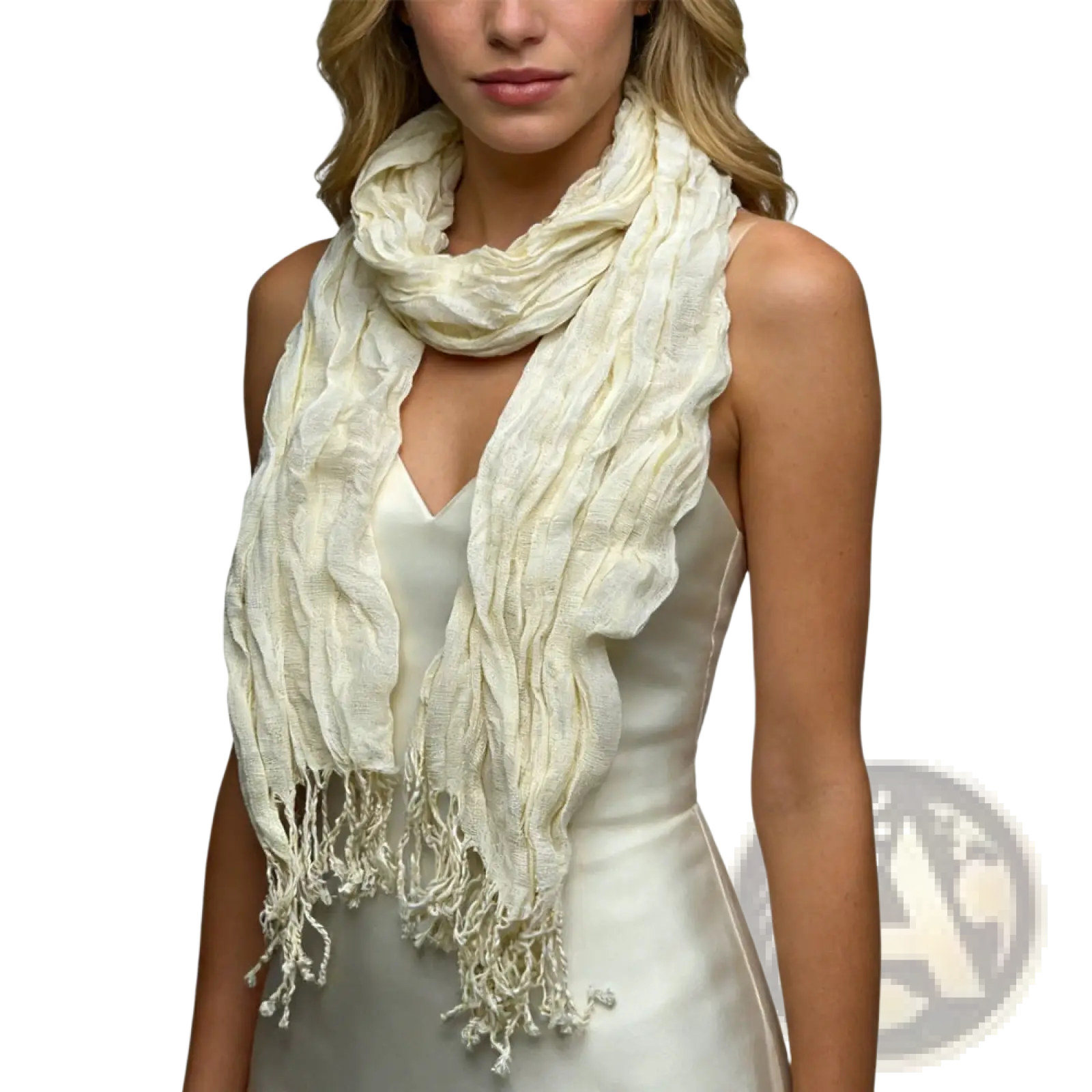 Cream-colored lightweight crinkle scarf with textured fabric and fringed edges ideal as a summer accessory