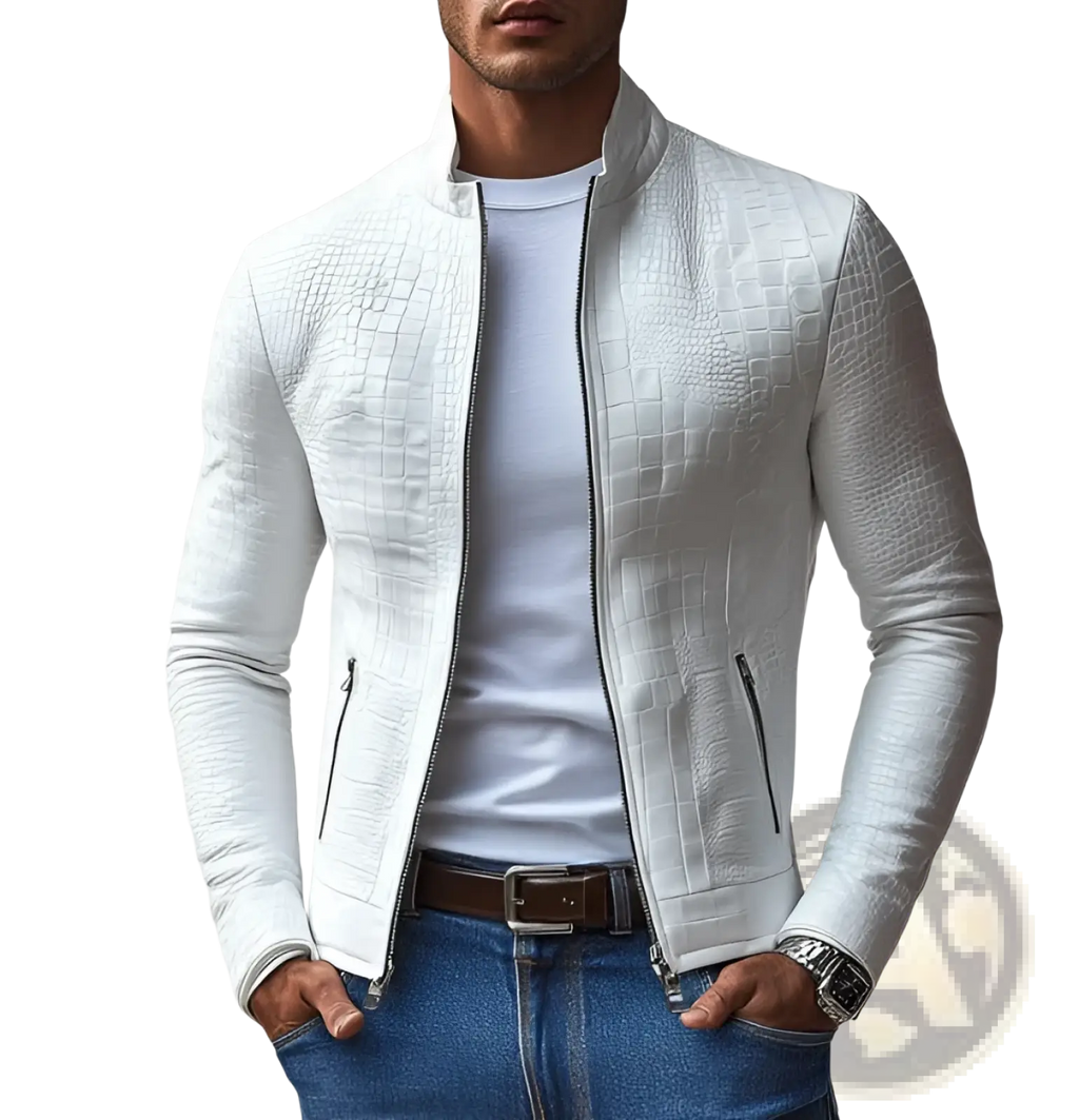 White crocodile leather bomber jacket with textured finish showcasing the back side of the garment