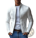 White crocodile leather bomber jacket with textured finish showcasing the back side of the garment
