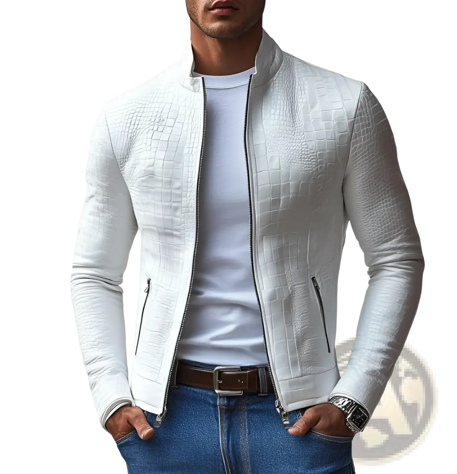 White crocodile leather bomber jacket with textured finish showcasing the back side of the garment