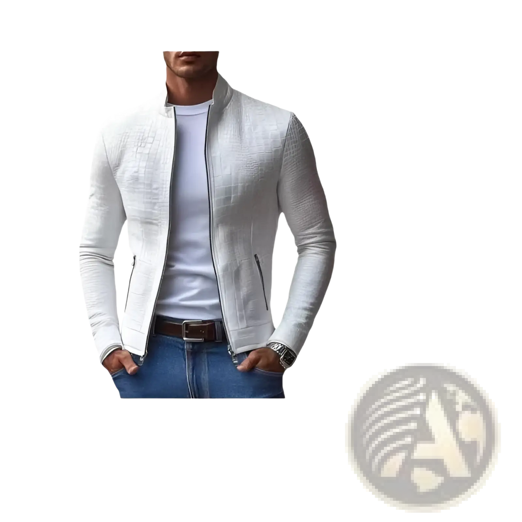 White crocodile-textured leather bomber jacket showcasing premium material and stylish design for outerwear use