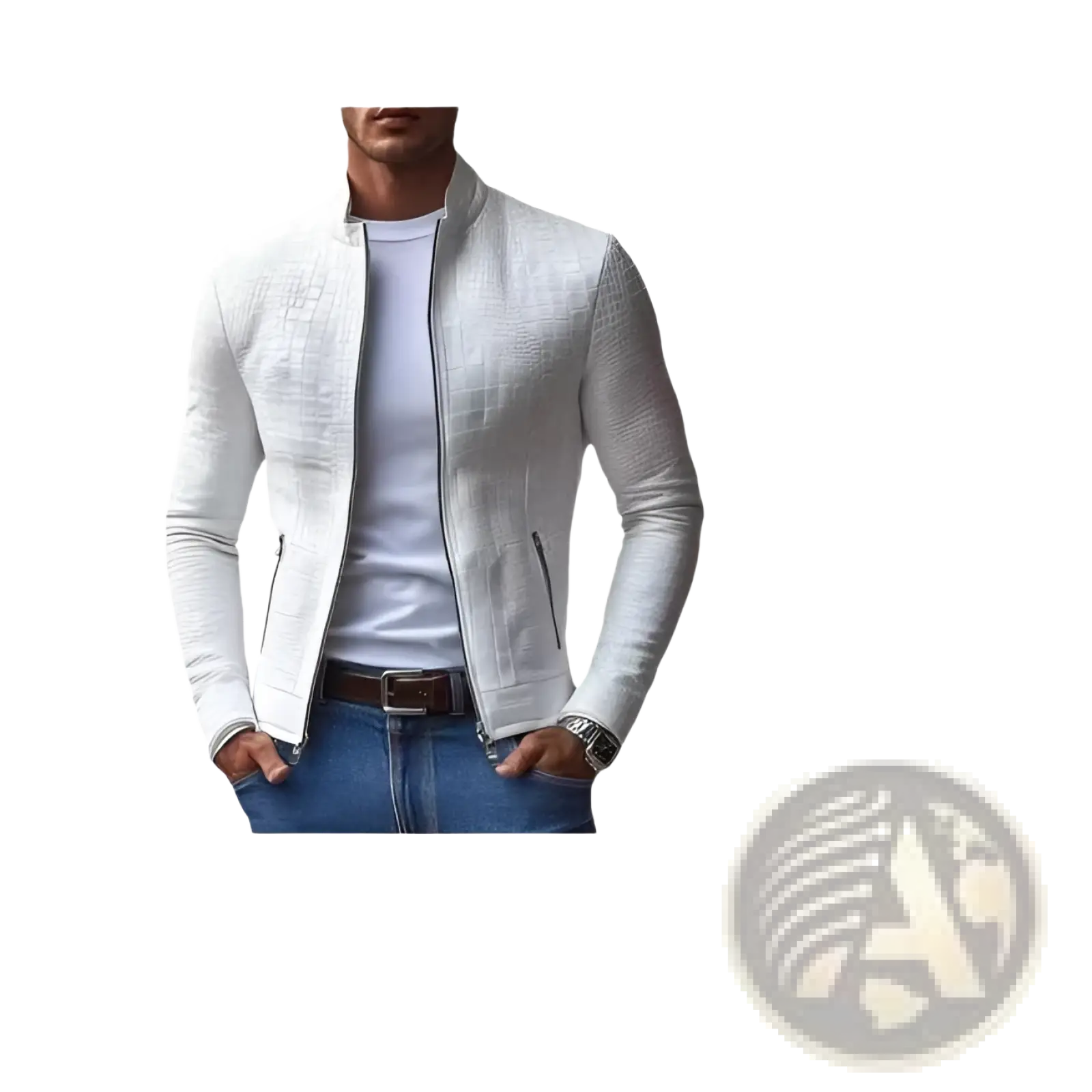 White crocodile-textured leather bomber jacket showcasing premium material and stylish design for outerwear use