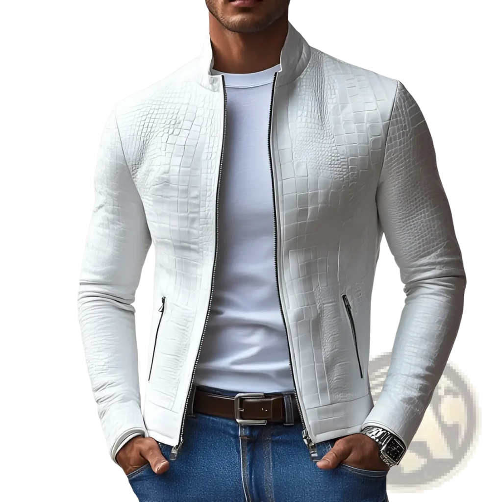 White crocodile-textured leather bomber jacket in white showcasing premium material and stylish outerwear design